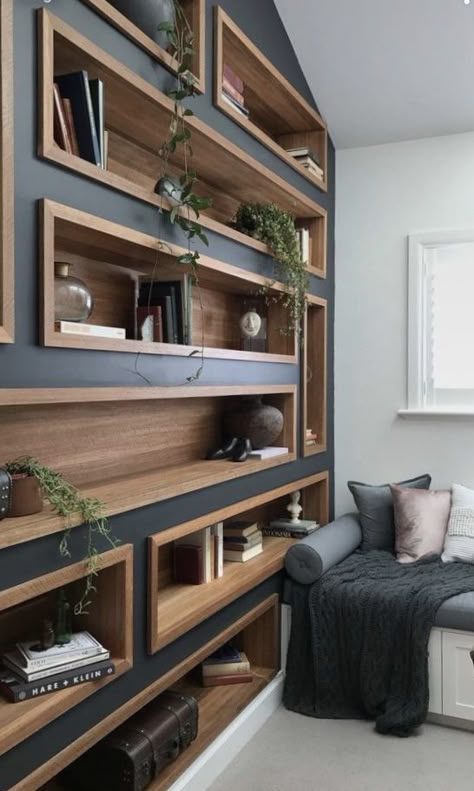 Living Room Box Shelves, Open Bookshelves Room Divider, Floating Shelves Color Ideas, Ingenious Home Ideas, Shelf Insert In Wall, Floating Shelves On Big Wall, Unique Wood Shelves, Build In Wall Shelves Living Room, Closed Shelf Ideas