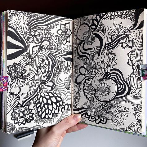 kliselle on Instagram: “Poured a lot of ideas on these sketchbook pages! A bit clumsy but definitely inspiring 🖤” Sketchbook Page Filler Ideas, Dotted Sketchbook Ideas, Sketchbook Page Fillers, Automatic Drawing, Tangle Pattern, Zen Doodle Art, Art Pen, Art Patterns, Doodles Zentangles