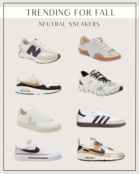 Neutral sneakers for fall 2023! Nike, New Balance, Adidas, On, Veja, Dolce Vita Neutral Sneakers, Outfit Capsule, Nike New Balance, Winter Office, Fall Sneakers, Gender Inclusive, Shoes Heels Classy, New Balance 327, Heels Classy