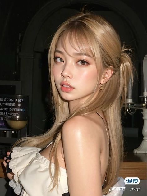 Blonde Hair On Korean, Korean Female Face Claim, 3 4 Face Reference, Blond Asian Hair, Blond Hair Asian, Wasian Female, Jennie Haircut, Hair Colors Korean, Asian Colored Hair