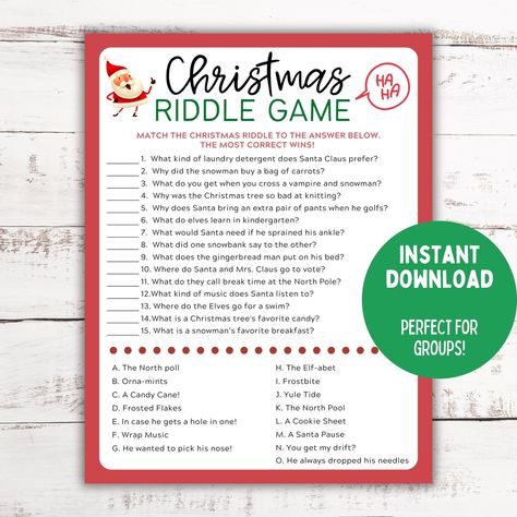 Holiday Games For Work, Christmas Riddles With Answers, Christmas Jokes For Adults, Holiday Games For Adults, Christmas Games For Adults Holiday Parties, Christmas Word Games, Minute To Win It Games Christmas, Kid Holiday Games, Christmas Game For Kids