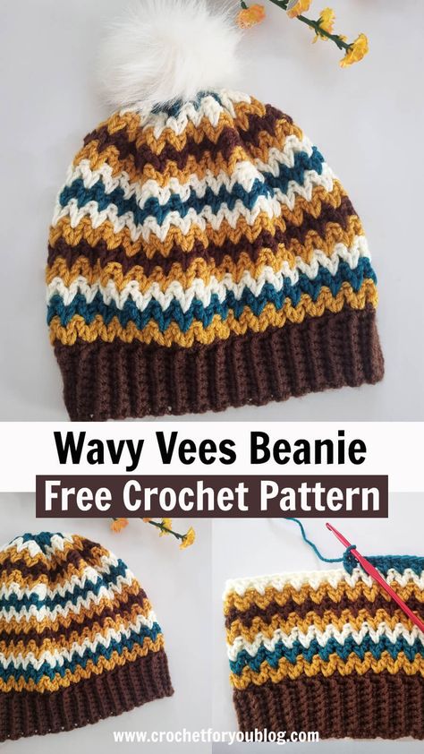 Wavy Vees Crochet Beanie Free Pattern - Crochet For You Crochet Hats Free Pattern All Sizes, Plaid Beanie Crochet Pattern, Two Tone Crochet Hat Free Pattern, Free Crochet Hat Patterns For Women Beanie, Crochet Patterns Beanie Free, Cool Crochet Beanie Pattern Free, Crochet Beanie And Mittens Set, Granny Stitch Crochet Hat Pattern, Easy Mens Beanie Crochet Pattern Free