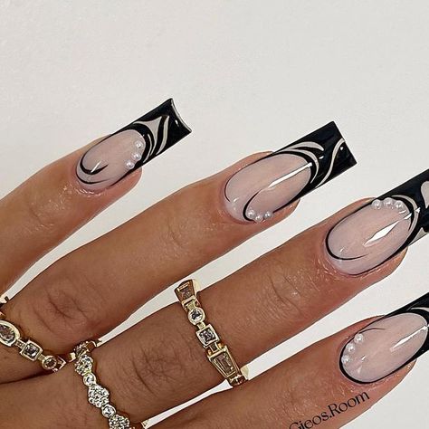 Stephanie holland on Instagram: "My signature abstract french and flicks🖤🤍 • Using @glossifyofficial milky pink acrylic, milky white and one coat black @luvaj rings ✨🤍 . . . #nails #naildesign #nailsofinstagram #nailsoftheday #acrylicnails #blingnails #nailporn #valentinesnails #showscratch #nailsmagazine #nailart #love #loveglossify #instanails #pressonnails #nailinspo #whitenails #nailartdesign #nailitdaily #usemeglossify #fyp #summernails #valentinesnails @nailitmag @scratchmagazine @nailsby.gelpolish @salonsdirect @glossifyofficial @hercrylics ." Milky Pink, Black French Tips, Milky Nails, My Signature, Pink Acrylic, Pink Acrylics, Milky White, Bling Nails, Chic Nails