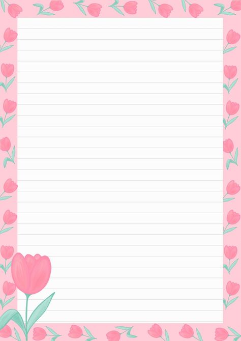 Pink floral note template. Free to download. School Templates Printables, Note Template Cute, Cute Note Template, Lined Paper Printable Free, Aesthetic Note Template, Cute Notes Template, Cute Lined Paper, Pink Lined Paper, Digital Notes Template