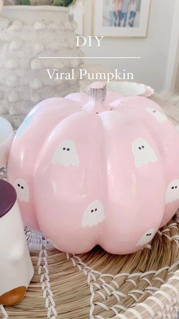 Girly Pumpkin Paintings, Pink And White Pumpkins, Paint Ideas Pumpkin, Pumpkin Painting Ideas Ceramic, Baby Girl Pumpkin Painting, Pink Ghost Pumpkin Painting, Ideas For Painted Pumpkins, Painting Baby Pumpkins, Pink Pumpkin With Ghost