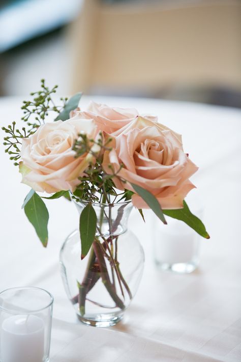 Simple Blush Rose Flower Arrangement Blush Centerpiece, Rose Flower Arrangements, Simple Bridal Shower, Blush Wedding Flowers, Bridal Shower Tables, Fall Flower Arrangements, Bridal Shower Flowers, Rose Centerpieces, Bridal Shower Centerpieces