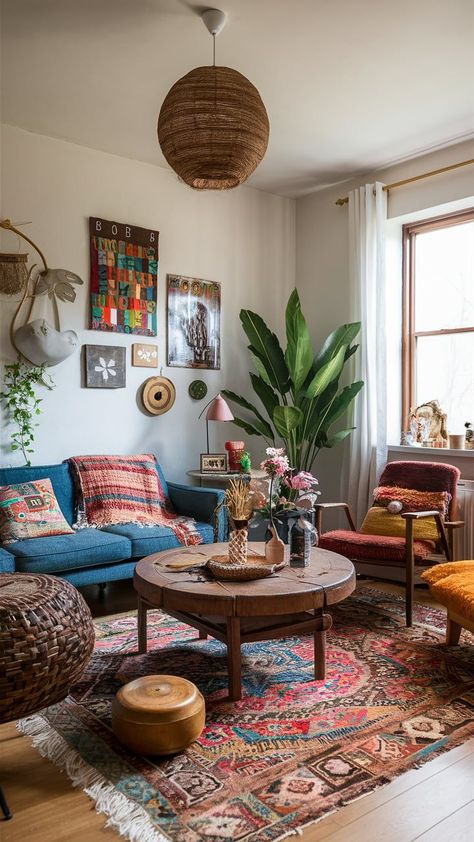 Boho living room with hippie decor Hippy Living Room, 70s Decor Living Room, Hippie Living Room Ideas, Vintage Eclectic Living Room, Hippie Living Room Decor, Vintage Boho Living Room, 60s Room, Eclectic Boho Living Room, 60s Living Room