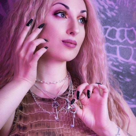 @InchooBijoux posted to Instagram: Can't decide which necklace to wear today? If you look at this pic of @natasha_nebula , layering chains and pendants is always a good choice of look too! 🗝  Pic by @marisaparisella  #inchoobijoux #gothgirl #alternativegirl #witch #witchcraft #altmodel #silverring #burlesque #vamp #claw #goth #occult #witchesofinstagram #gothgirls #gothmodel #silverjewelry #handmadejewelry #madeinmontreal #witchlife #witchery #gothglam #altgirl #etsyjewelry #witchy #key #pa Palmistry Hand, Goth Glam, Goth Model, Pastel Goth Fashion, Alt Girl, Layered Chains, Alternative Girls, Pastel Goth, Etsy Jewelry