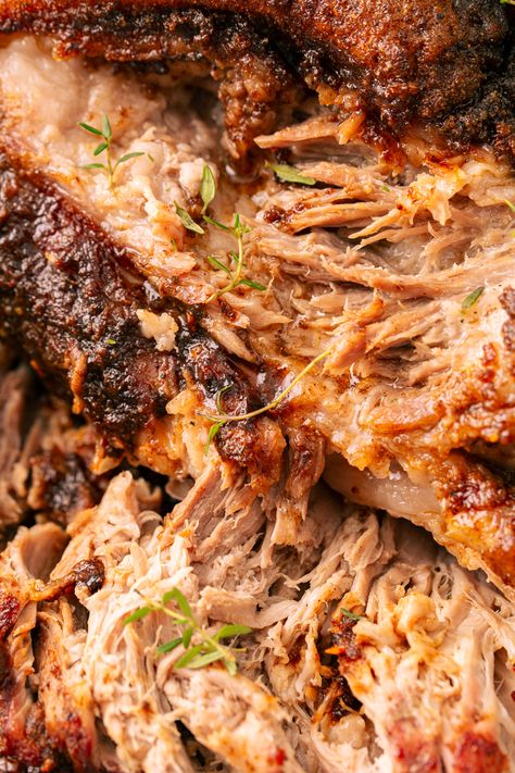 Tender pulled pork shoulder is a bulk family meal-planning staple! Flavorful and versatile, you'll make this multiple times per month! Bbq Pork Shoulder Oven, Oven Pulled Pork Shoulder, Pork Shoulder Chunks Recipes, Pork Shoulder In Oven, Pork Butts In The Oven, Shoulder Roast Recipes, Pork Shoulder Oven, Pork Shoulder Picnic Roast, Pork Shoulder Picnic