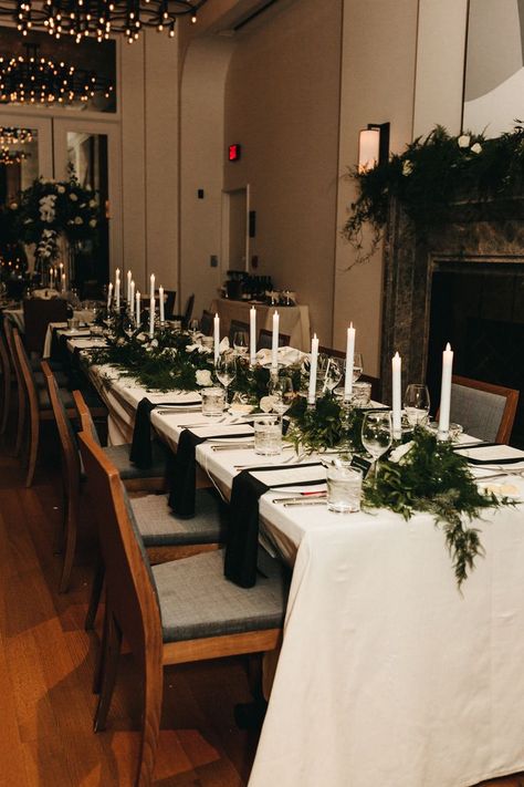 Black Candle Wedding, Candles Tablescape, Black And White Winter Wedding, White Candles Wedding, Candle Tablescapes, Centerpiece Candles, Long Table Centerpieces, Hotel Wedding Receptions, Long Table Wedding