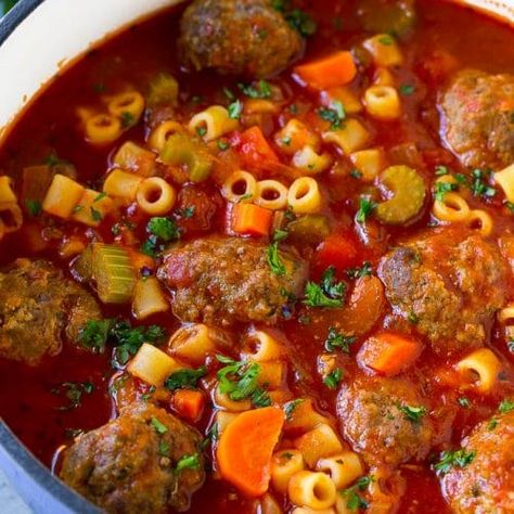 Italian Meatball Soup - Dinner at the Zoo Hamburger Cauliflower, Italian Meatball Soup, Chicken Chowder, Meatball Soup Recipes, Easy Dinner Options, Italian Meatball, Ditalini Pasta, Tomato Broth, Meatball Soup