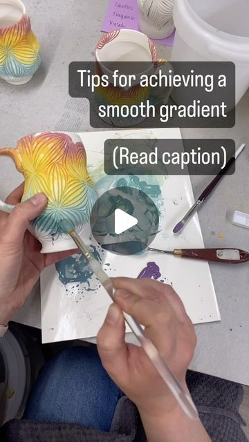 Kirsty Kash on Instagram: "Smooth gradients can be tricky to achieve with underglazes because they don’t look the same after firing as they do straight out of the jar!! Here are a few things I’ve figured out over the years:  1. Avoid applying layers of colour in straight lines. When the bands of colour flow up and down organically with your design the gradient will appear smoother.  2. I rarely use a pure colour straight out of the jar. Introduce a little bit of the next colour from the beginning so that the shift will be more subtle. Amaco’s Velvet underglazes are my favourite because they mix so well and the colours are so vibrant!  3. Some pigments are shy and others take over! Find colours that have a similar intensity so that you can blend them easily. For example, Amaco’s Red velvet Amaco Underglaze Velvet, Amaco Glaze Layering, Amaco Underglaze, Velvet Underglaze, Amaco Glazes, The Jar, The Shift, Find Color, Red Clay