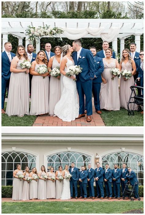 Navy Champagne Wedding Colors, Beige And Navy Wedding Party, Navy And Beige Wedding Color Schemes, Gold And Navy Wedding Party, Champagne Bridesmaid Dresses Navy Groomsmen, Navy Wedding Bridal Party, Navy And Champagne Suit, Navy And White Bridesmaid Dresses, Navy Blue And Neutral Wedding