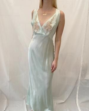 Shin Min Ah Fashion, Long Silk Nightgown, Carrie White, Pale Aqua, Vintage Nightgown, Old Dresses, Nightgowns For Women, Deep Neckline, Satin Slip