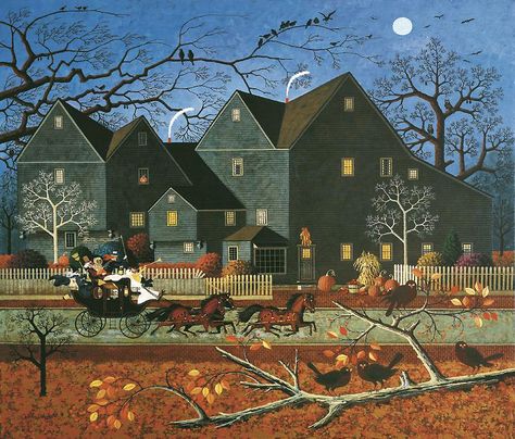 House Of Seven Gables, Charles Wysocki, Halloween Folk Art, Arte Folk, Americana Art, Nostalgic Art, Primitive Folk Art, American Folk Art, Night Art