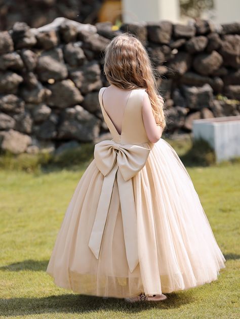 Tween Girls' Champagne Wedding Flower Girl Dress, Maxi Formal Dress With Big Bow | SHEIN USA Flower Girl Beige Dress, Light Purple Wedding Flowers, Champagne Flower Girl Dress, Champagne Wedding Flowers, Champagne Flower Girl, Flower Girl Dresses Champagne, Maxi Formal Dress, Girls Tulle Dress, Ivory Flower Girl Dresses