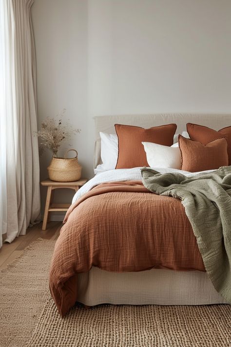 15 Tips for Creating a Terracotta and Sage Bedroom: Embrace Warmth and Tranquility – Everyday Inspo Bedroom Terracotta Bedding, Bedroom Inspirations Terracotta, Bedroom Aesthetic Sage Green, Burnt Orange Bedroom, Terracotta Bedroom, Aesthetic Sage Green, Cozy Bedroom Aesthetic, Sage Bedroom, Fall Bedroom Ideas