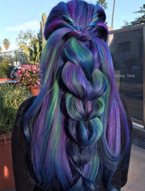 Green And Purple Highlights, Silver Blonde Hair Dye, Peacock Hair Color, Purple And Green Hair, Purple Hair Ideas, Blue And Purple Hair, Dark Purple Hair Color, Brown Ombre Hair Color, Mermaid Hair Color