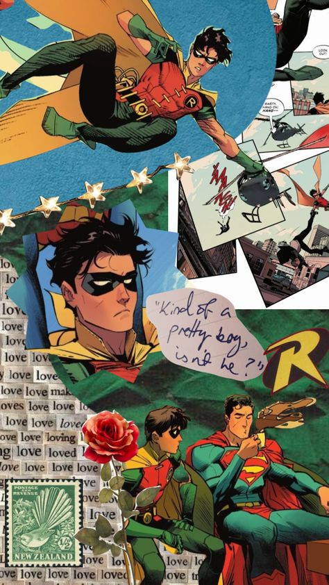 he’s so cute in this art style i love it #collageart #dccomics #dickgrayson #batfam #robin #green #teal Dc Robin Wallpaper, Robin Dc Wallpaper, Robin Teen Titans Wallpaper, Robin Background, Batfam Wallpaper, Robin Collage, Robin Aesthetic, Nightwing Wallpaper, Robin Wallpaper