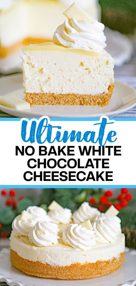 Indulge your taste buds with this easy No Bake White Chocolate Cheesecake recipe. This creamy cheesecake is enhanced with the sweet flavor of white chocolate and topped with a rich white chocolate ganache, making it the perfect dessert that’s sure to be a hit with your guests! White Chocolate Cheesecake Recipes Easy, No Bake Cheesecakes Easy, Creamy No Bake Cheesecake, White Chocolate Cheesecake No Bake, No Bake Black Forest Cheesecake, Cream Cheesecake Recipes, No Bake Cheescake, Rich Cheesecake Recipes, White Chocolate Desserts Easy