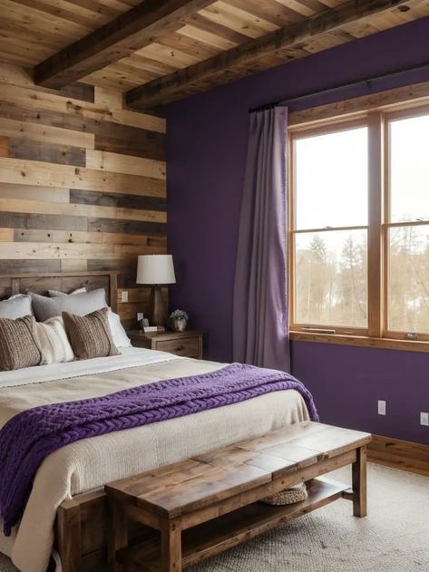 Purple Rustic Bedroom, Purple Bedroom Accent Wall, Purple Western Bedroom, Brown And Purple Room, Purple And Tan Bedroom, Cozy Bedroom Purple, Purple And Wood Bedroom, Purple Adult Bedroom, Purple Master Bedrooms Decor