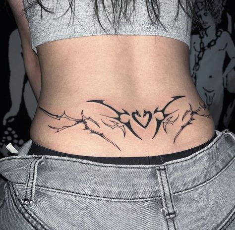 Wrap Around Tramp Stamp, Tattoo Emo, Waist Tattoo, Lower Back Tattoo, Tramp Stamp Tattoos, Waist Tattoos, Grunge Tattoo, Sharpie Tattoos, Kawaii Tattoo