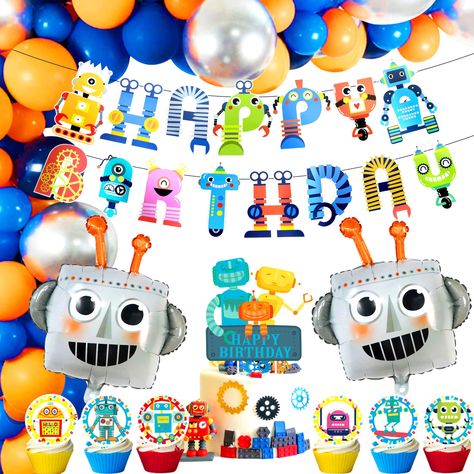 PRICES MAY VARY. Our Robot Birthday Party Supplies will bring dreamy and beautiful embellishment to your party. Through simple assembly, and hanging the it to complete a most gorgeous background wall. Our Robot Birthday Balloons will bring unparalleled joy and the most beautiful moments to your family and friends. What you will receive: 1 x robot birthday banner, 1 x robot birthday cake topper, 24 x robot cupcake picks, 2 x robot foil balloons, 55 x latex balloons. If you receive any product not Robot Party Ideas, Robot Birthday Cake, Robot Birthday Party Decorations, Robot Cupcakes, Robot Birthday Party, Balloon Cupcakes, Robot Party, Cupcake Decoration, Monster Truck Birthday