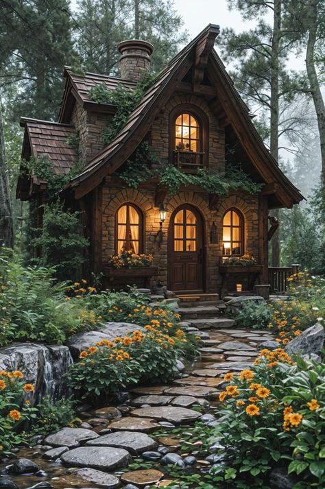 Cute Cottages Aesthetic, Fairy Cabin In The Woods, Magical Cottage In The Woods, Cozy Cottage In The Woods Interiors, Fairy Tale Interior Design, Cute Cottage House Exterior, Fairy Core House, Storybook Style Homes, Victorian Cabin