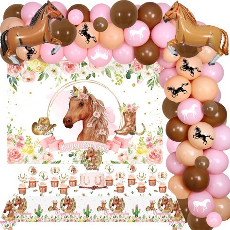 PRICES MAY VARY. Package Includes: The horse birthday party decorations kit contains 1 x horse themed happy birthday tablecloth 8.1*4.26 ft, 1 x horse backdrop 3.28*4.92 ft, 1 x horse cake topper, 12 x horse cupcake toppers and 67 x balloons, which could meet your needs of birthday party decorations. Wide Applications: The pink floral horse decorations for birthday party not only can be used at girl’s birthday party, also can be used at horse themed party, floral garden party, western cowgirl pa Cowgirl Party Decorations Western Decor, Horse 2nd Birthday Party Girl, Horse Girl Birthday Party, Horse Theme Birthday Party Girl, Horse Birthday Party Ideas Girl, Horse Party Ideas, Horse Birthday Party Decorations, Horse Themed Birthday Party, Horse Theme Birthday Party