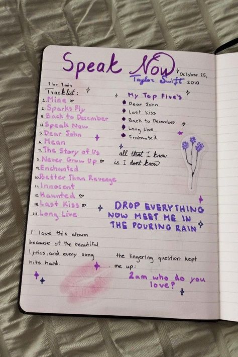 Speak Now Journal, Taylor Swift 2010, Taylor Swift Book, Taylor Swift Drawing, Taylor Swift Tattoo, Journal Inspiration Writing, Music Journal, Bullet Journal Mood Tracker Ideas, Bulletin Journal Ideas