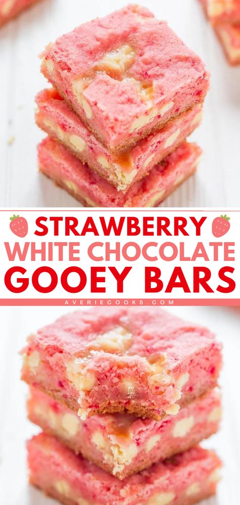 Strawberry cake mix brownies for your spring baked goods! They're an easy, 5-ingredient recipe. Studded with white chocolate chips and spiked with condensed milk, these soft and chewy strawberry bars are a winner. Put these gooey bars on your Mother's Day dessert ideas! Chocolate Gooey Bars, Cake Mix Brownies, Strawberry White Chocolate, Gooey Bars, Cake Mix Desserts, Strawberry Cake Mix, Strawberry Dessert Recipes, Valentine Desserts, Chocolate Strawberry