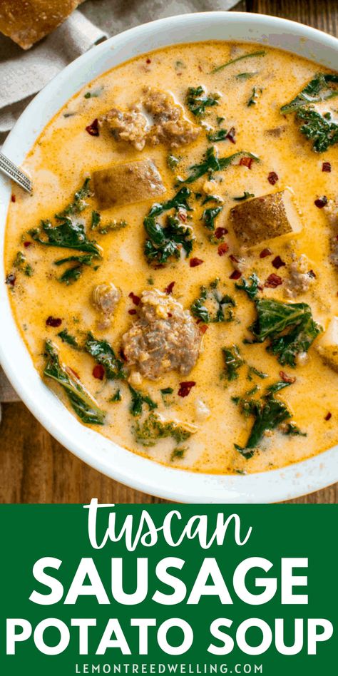 Spicy Sausage Soup Recipes, Spicy Tuscan Soup, Insta Soup Recipes, Creamy Soup With Sausage, Slow Cooker Tuscan Soup, Polish Sausage Soup Crockpot, Soup With Spicy Italian Sausage, Potato Soup With Italian Sausage, Crockpot Tuscan Sausage Soup