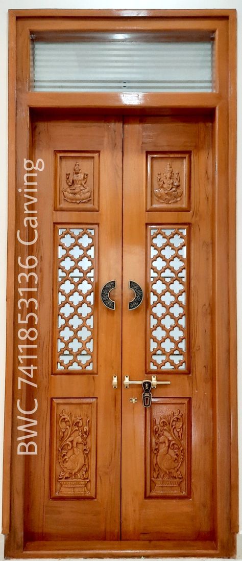 Pooja Room Wood Door Design, Temple Doors Indian, Teak Wood Main Double Door Design Entrance Modern Interior, Teak Wood Pooja Door Design, Pooja Room Door Design Modern, Pooja Room Double Door Designs, Wood Main Door Design, Teak Wood Main Door Design, Teak Wood Main Door