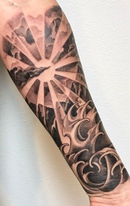 Sun Sleeve Tattoo, Cloud Tattoo Sleeve, Cloud Tattoo Design, Japanese Sun, Simple Tattoos For Guys, Men Tattoos Arm Sleeve, Forarm Tattoos, Cloud Tattoo, Forearm Sleeve Tattoos