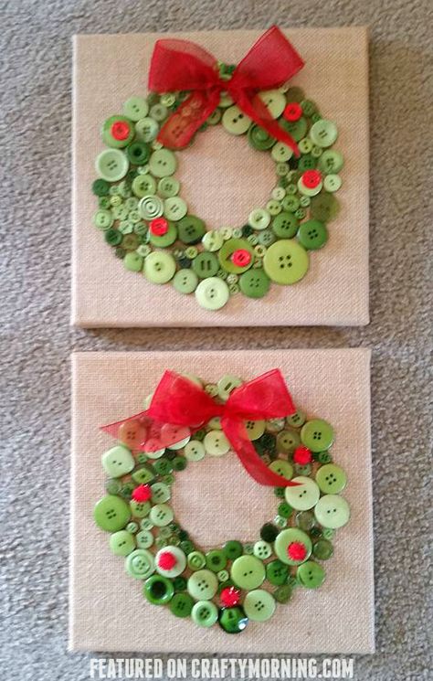 Button christmas wreath crafts for kids to make on a canvas for gifts! Christmas Decorations Diy Crafts, Christmas Wreath Craft, Christmas Crafts To Sell, Christmas Craft Ideas, Christmas Crafts For Adults, Christmas Buttons, Craft Christmas, Fun Christmas Crafts, Noel Christmas