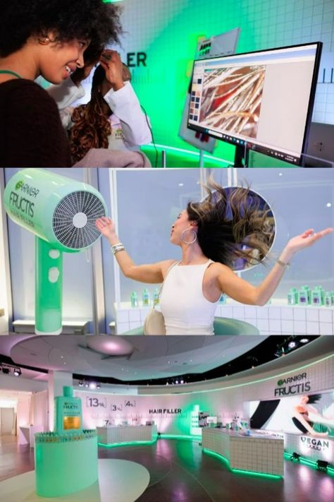 To promote its new haircare collection, the brand hosted a science-themed event with cool interactive experiments, a giant hair-dryer, and fun F&B. Product Launch Event, Marketing Activations, Hair Science, Interactive Events, Beauty Science, Event Trends, Event Booth, Garnier Fructis, Experiential Marketing