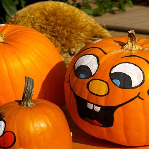 Paint Cute Pumpkin Faces on Pumpkins Pumpkin Painting Ideas Halloween, Pumpkin Face Paint, Cute Pumpkin Faces, Painting Ideas Halloween, Pumpkin Carving Designs, Pumpkin Designs, Halloween Pumpkins Painted, Pumpkin Painting Ideas, Pumpkin Farm