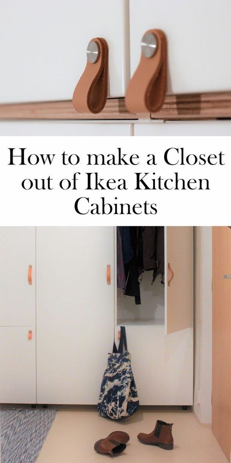 How to make a closet out of ikea kitchen cabinets | Veddinge | osternas | DIY Ikea closet | leather pulls | kitchen cupboards for closet | hall closet | ourguidetotheeveryday.com Leather Pulls Kitchen, Ikea Hall, Closet Redesign, Ikea Closet Hack, Front Hall Closet, Diy Custom Closet, Closet Ikea, Make A Closet, Ikea Closet