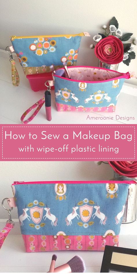 Learn how to make a makeup bag with a plastic lining. A fun wipe-off cosmetic bag tutorial. You can easily clean the interior! #sewing #sewingprojects #sewingpatterns #makeupbag #makeupbagtutorial #cosmeticbag via @polkadotchair Diy Makeup Bag Tutorial, Makeup Bag Tutorials, Cosmetic Bag Tutorial, Tips Menjahit, Diy Makeup Bag, Beginner Sewing Projects Easy, Bag Patterns To Sew, Bags Tutorial, Sewing Projects For Beginners