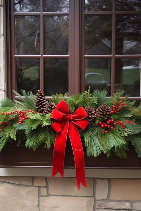 Hanging Holiday Baskets, Fall Windows Boxes, Fall Window Box Planter Ideas, Xmas Window Boxes Decorating Ideas, Window Boxes In Winter, Christmas Windowbox Ideas, Garland Around Window Outside, Winter Flowerbox Ideas, Christmas Wreaths In Windows Outside