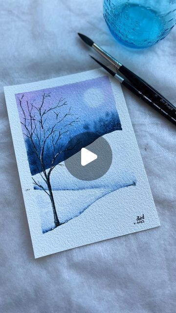 Watercolor Art Winter Easy, Simple Winter Watercolor Paintings, Watercolour Snow Scenes Winter Landscape, Watercolor Christmas Art Tutorial, Easy Landscape Paintings Tutorials, Watercolor Winter Scenes Tutorials, Snowman Watercolor Christmas Cards, Watercolor Winter Landscape Tutorial, Easy Watercolour Landscapes