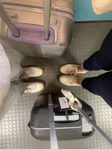 Two girls’ shoes and their suitcases next to them Besties Airport Pictures, Airport Friends Pictures, Travelling With Best Friend Aesthetic, Traveling With My Best Friend, Bff Travel Aesthetic, Two Friends Traveling, Friends Airport Pictures, 2 Friends Traveling, Bestie Travel Pics Airport