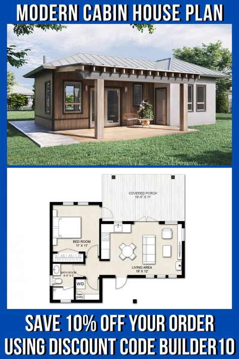 This small house plan was designed to serve as an Accessory Dwelling Unit or a guest house, that can be built on the property of your main residence. The house character is expressed through a seamless connection between the interior and the exterior spaces. The kitchen and the great room were designed as one continuous space, common in such tiny house plans. The living area opens up to the covered porch that you can add screens too. The master bedroom is located away Accessory Dwelling Unit Plans, Tiny Cabin Design, Unique Small House Plans, Modern Cabin House, Tiny Home Plans, 1 Bedroom House Plans, Modern Contemporary House Plans, Guest House Plans, Small Modern House Plans