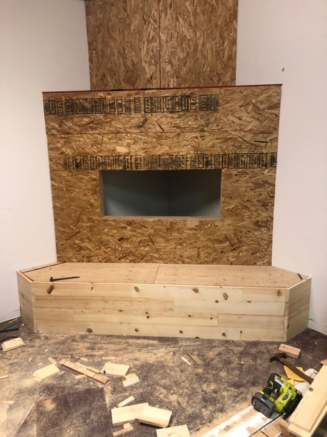 Diy Corner Fireplace How To Build, Diy Built In Fireplace Electric, Office Fireplace, Corner Fireplace Makeover, Fireplace Box, Corner Electric Fireplace, Fireplace Feature Wall, Fireplace Diy, Cabin Fireplace