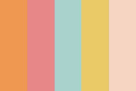 "Vintage Tropic" color palette Hex codes in order from L to R: ee9851 / e78787 / a9d2cd / eaca67 / f6d6c2 Light Autumn, Hexadecimal Color, Yellow Colour Scheme, Color Palette Yellow, Color Palette Pink, Nature Color Palette, Pink Lemon, Fall Color Palette, Palette Color