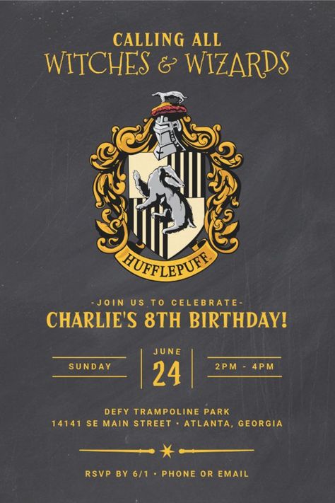 Harry Potter Birthday | Hufflepuff Chalkboard Invitation
Celebrate your child's birthday with these Hufflepuff Crest Chalkboard Birthday Invitations! Whether they're in Gryffindor, Slytherin, Hufflepuff, or Ravenclaw, your child and their friends can celebrate together with the Hogwarts School of Witchcraft and Wizardry Crest. Don't forget to send out the matching Hufflepuff Crest thank you notes! Hogwarts Invitation, Harry Potter Invitations, Hufflepuff Crest, Chalkboard Birthday, Gryffindor Slytherin, School Of Witchcraft, Chalkboard Invitation, Birthday Chalkboard, Harry Potter Birthday