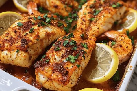 Try this spicy baked Cajun catfish and shrimp with zesty lemon butter recipe! Bold flavors, quick prep, and perfect for a delicious seafood dinner. Cajun Baked Fish Recipes Oven, Catfish And Shrimp Recipes, Catfish Recipes Baked, Baked Cajun Catfish, Baked Catfish Recipes, Cajun Catfish, Baked Catfish, Cajun Shrimp Recipes, Catfish Recipes