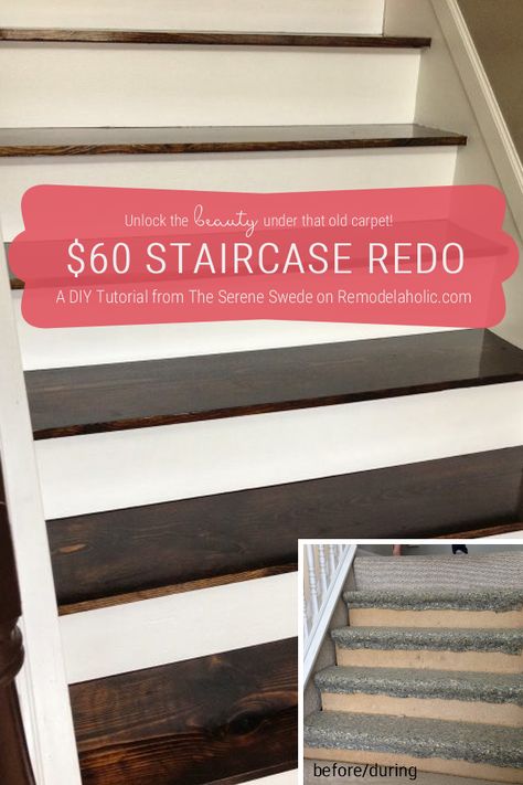 Carpet To Wood Stairs, DIY Stair Remodel, By The Serene Swede Featured On @Remodelaholic Staircase Redo, Stairs Diy, Diy Stairs Makeover, Stairs Makeover Ideas, Stairs Renovation, Stair Makeover, Hardwood Stairs, Diy Staircase, Stairs Makeover