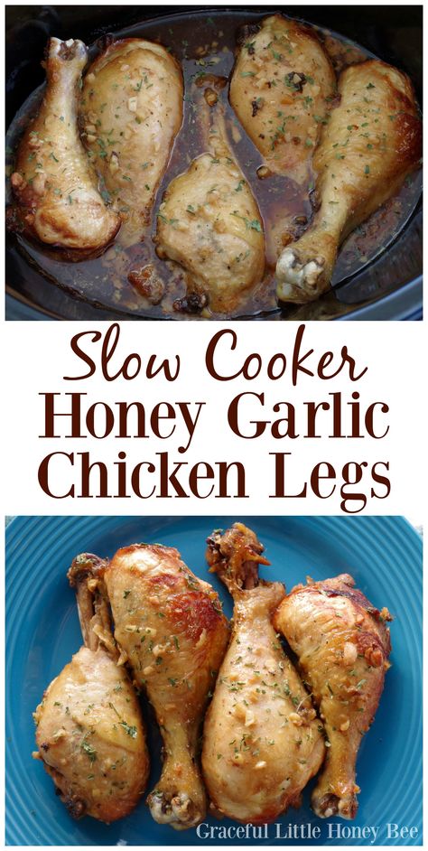 Try this quick and easy Slow Cooker Honey Garlic Chicken Leg recipe on gracefullittlehoneybee.com #slowcooker #crockpot #chicken #chickenlegs Chicken Leg Slow Cooker, Crockpot Chicken Leg Recipes, Chicken Leg Recipe, Slow Cooker Honey Garlic Chicken, Chicken Cooker, Chicken Meatball, Chicken Leg Recipes, Tasty Chicken, Popular Food