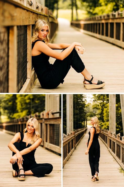 summer senior pictures, red barn senior pictures, bridge, flower field, senior picture inspo, senior picture outfit inspo, pose ideas, posing inspo, senior photography, grand rapids, forest hills, ada, michigan, jumpsuit Senior Picture Portraits, Senior Picture Poses Bench, Senior Mirror Pictures, Womens Senior Pictures, Late Summer Senior Pictures, Easy Senior Pictures Posing Ideas, Photo Posing Ideas Women, Senior Picture On Bridge, Senior Photos At Lake